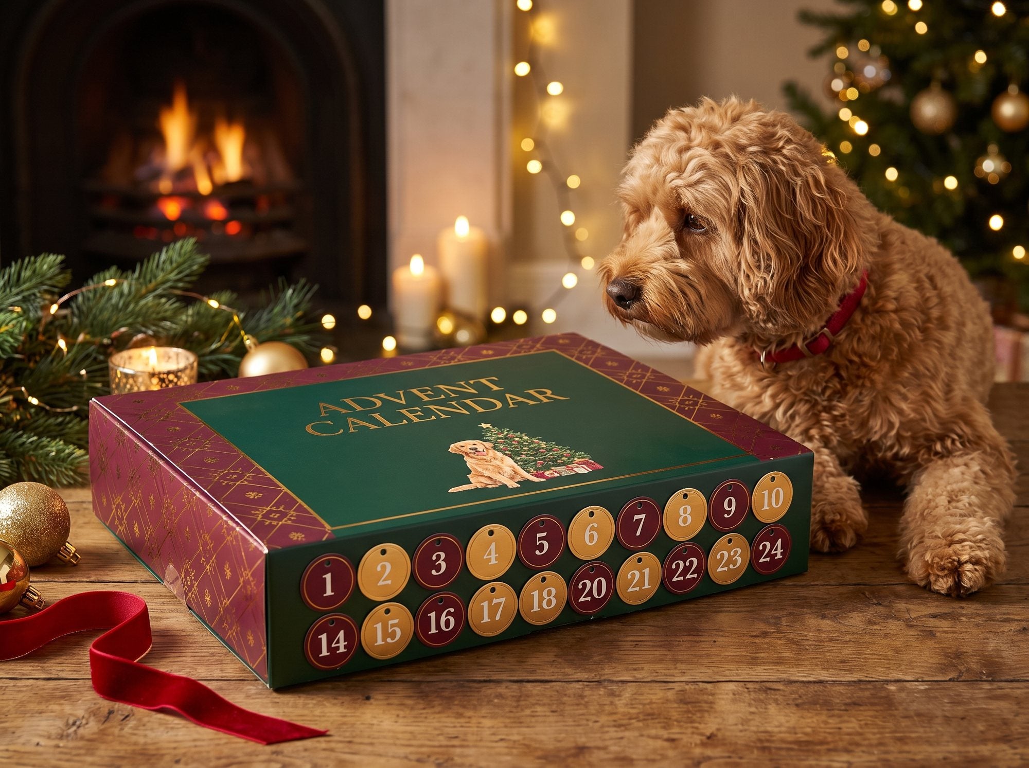 Dog advent calendar box with a dog beside it