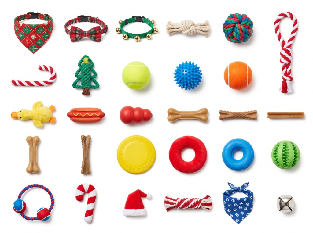 Dog toys, chews and festive accessories